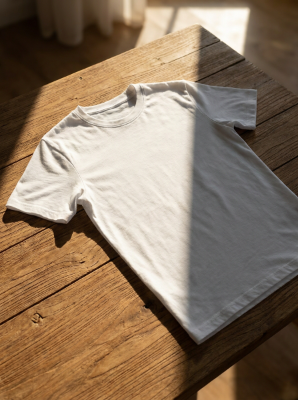 White t-shirt laid flat on a table