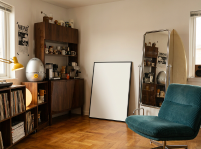 Eclectic mid-century meets collector's den studio apartment, warm parquet herrin