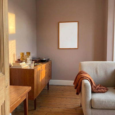 Amber Glass Sideboard Glow (wide establishing)