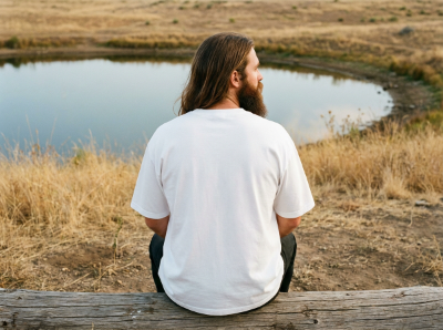 T-Shirt back - guy with long hair and beard sitting